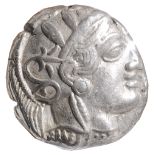 Athens, Silver Tetradrachm, c. 454-404 BC.Helmeted head of Athena facing right / AOE, Owl standing