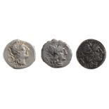 Titus Cloelius Silver Denarius128 BCHelmeted head of Roma right, wreath behind "ROMA" below /