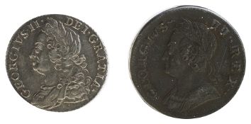 George II Silver Shilling1758Old laureate and draped bust, left / Crowned cruciform shields,