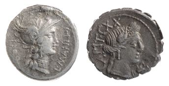 L. Manlius Torquatus Silver Denarius. Struck 82 BC. L MAN II Helmeted head of Roma right / Sulla