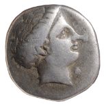 Euboia, Chalkis Silver DrachmCirca 338-308 BC. Head of the nymph Chalkis to right / Eagle standing