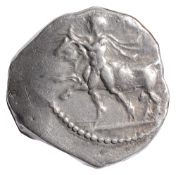Thessaly, Larissa Silver Drachm400-360 BCNaked youth wrestling bull by horns, left / Horse galloping