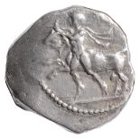 Thessaly, Larissa Silver Drachm400-360 BCNaked youth wrestling bull by horns, left / Horse galloping