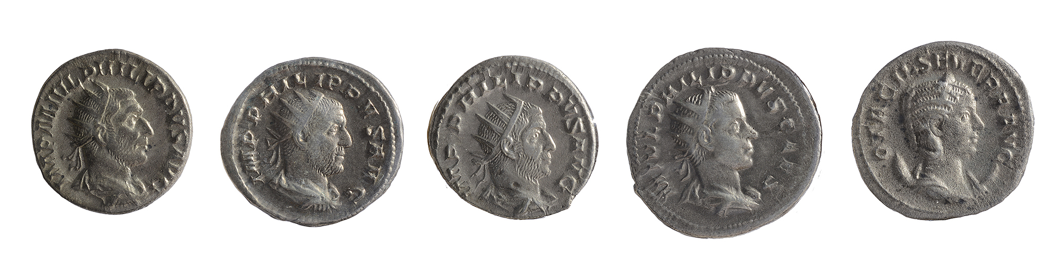 Five mid 3rd century AD Imperial Roman silver and silvered Antoninianii first Rome, 244-249 AD,
