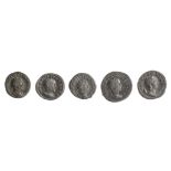Five mid 3rd century AD Imperial Roman silver and silvered Antoninianii first Rome, 244-249 AD,