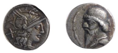 Roman Republic, Safra, Silver Denarius150 BCHead of Roma right, X behind / Victory in biga right,