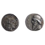 Roman Republic, Safra, Silver Denarius150 BCHead of Roma right, X behind / Victory in biga right,