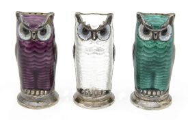 Three mid 20th c. David Andersen Norwegian silver-gilt and guilloche enamel novelty owl pepper pots