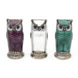 Three mid 20th c. David Andersen Norwegian silver-gilt and guilloche enamel novelty owl pepper pots