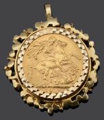 A full sovereign in pendant mount with suspension hook stamped 18K