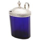A George III silver mounted blue glass mustard pot
