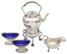 A George III silver cream boat, Old Sheffield Plate salts; one other