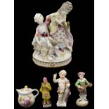 A Meissen style porcelain group and a selection of continental figures