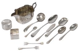 An Edwardian silver milk jug and and a small selection of silver