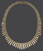 A three coloured 9ct gold fringe necklace