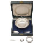 A George VI silver christening bowl and spoon