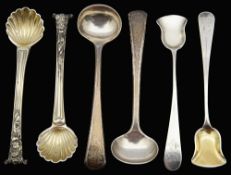 Two pairs of silver salt spoons and a pair of silver salt shovels,