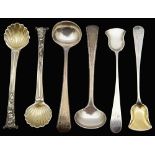 Two pairs of silver salt spoons and a pair of silver salt shovels,