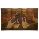 J. Walkeden (Brit. 20th c) 'Children Attacked by Geese', oil on canvas