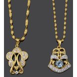 Two contemporary Arabic .916 gold gem set scroll pendants on chain