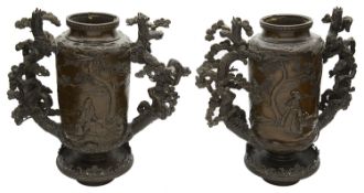 A pair of large Japanese Meiji period bronze twin handled censers