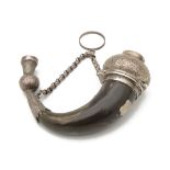 A mid 19th century Scottish novelty silver mounted horn vinaigrette in the form a snuff mull