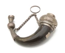 A mid 19th century Scottish novelty silver mounted horn vinaigrette in the form a snuff mull