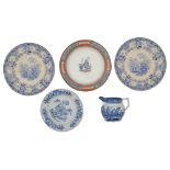 An 18th century Delft blue and white chinoiserie plate and a selection of 19th century ceramics