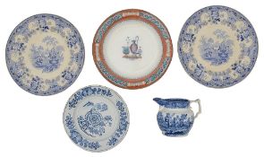 An 18th century Delft blue and white chinoiserie plate and a selection of 19th century ceramics