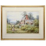 Manner of Myles Birket Foster 'Children playing by thatched cottage'