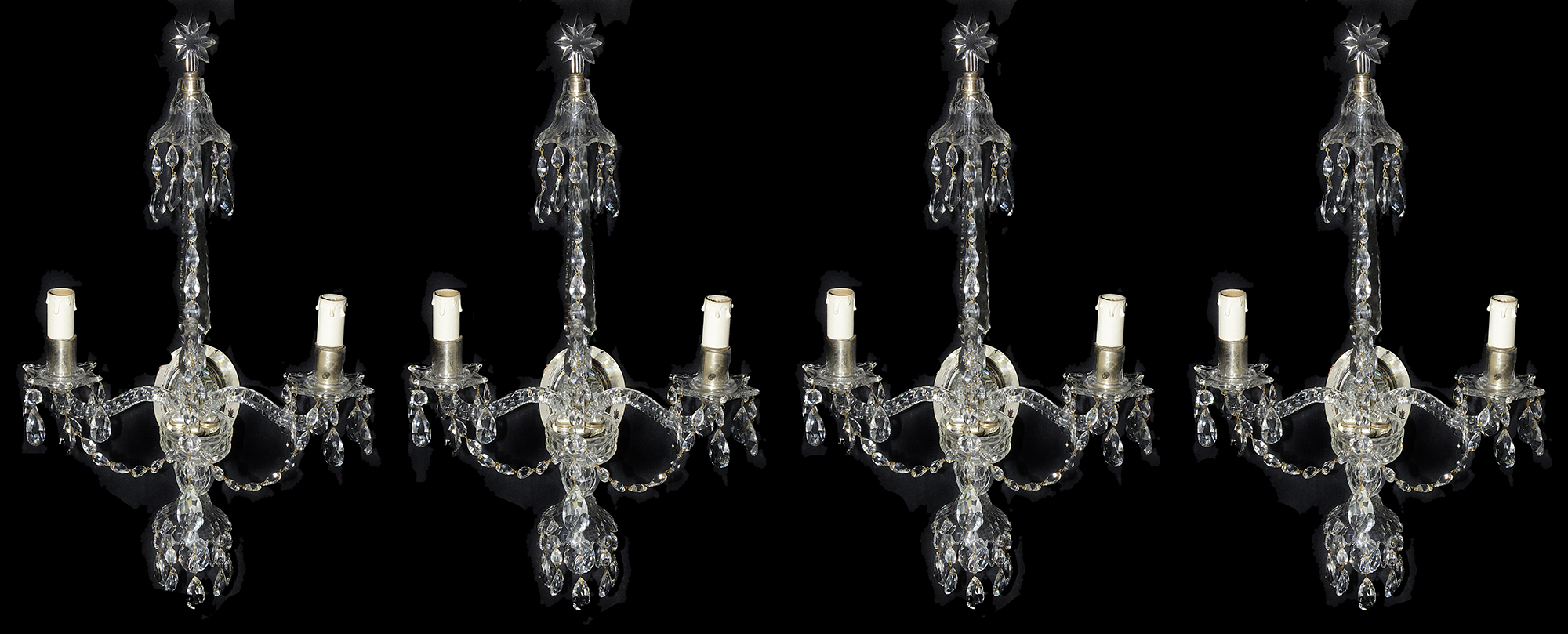 A set of four George III style cut glass twin light wall appliques