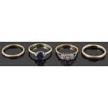 A sapphire and diamond ring and three other rings