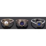 A Victorian sapphire and pearl cluster ring and two other rings