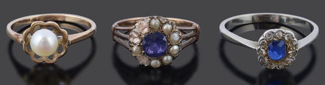 A Victorian sapphire and pearl cluster ring and two other rings