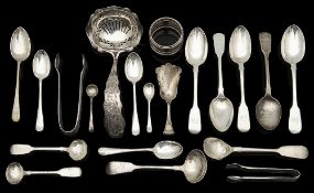 A selection of 19th century and later silver to include a Dutch caddy spoon