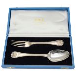 A George III silver shell and thread pattern table fork and spoon in fitted box