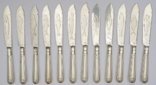 A set of twelve silver handled shell and thread pattern fish knives and forks