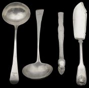 A pair George III silver Old English pattern sauce ladles; others