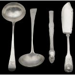 A pair George III silver Old English pattern sauce ladles; others