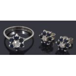 A diamond, sapphire and 18ct white gold ring, and pair of ear studs en suite,
