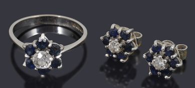 A diamond, sapphire and 18ct white gold ring, and pair of ear studs en suite,