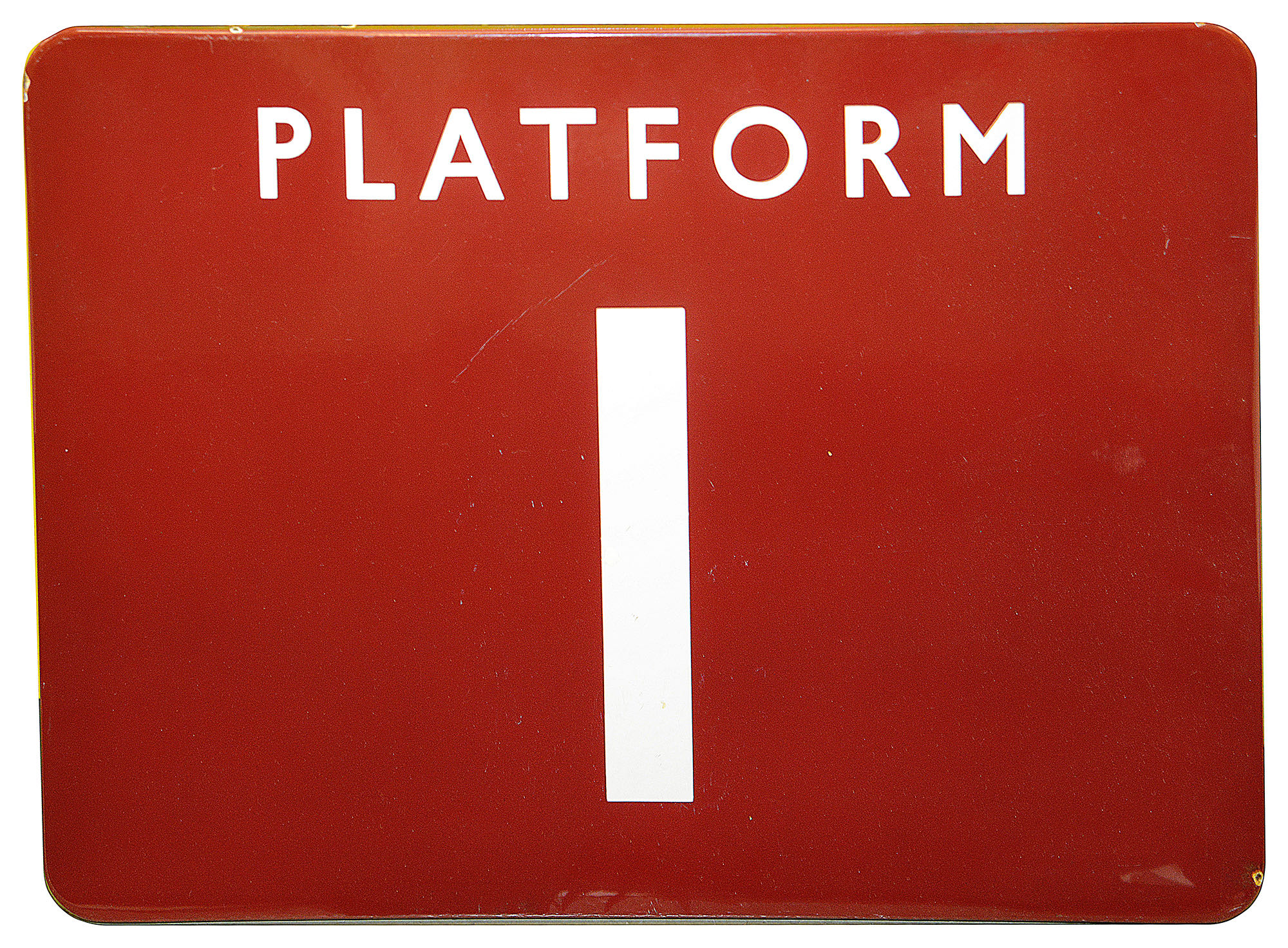 A BR(M) enamel sign displaying 'PLATFORM 1',with white letters on a maroon ground,height 45.8cm,