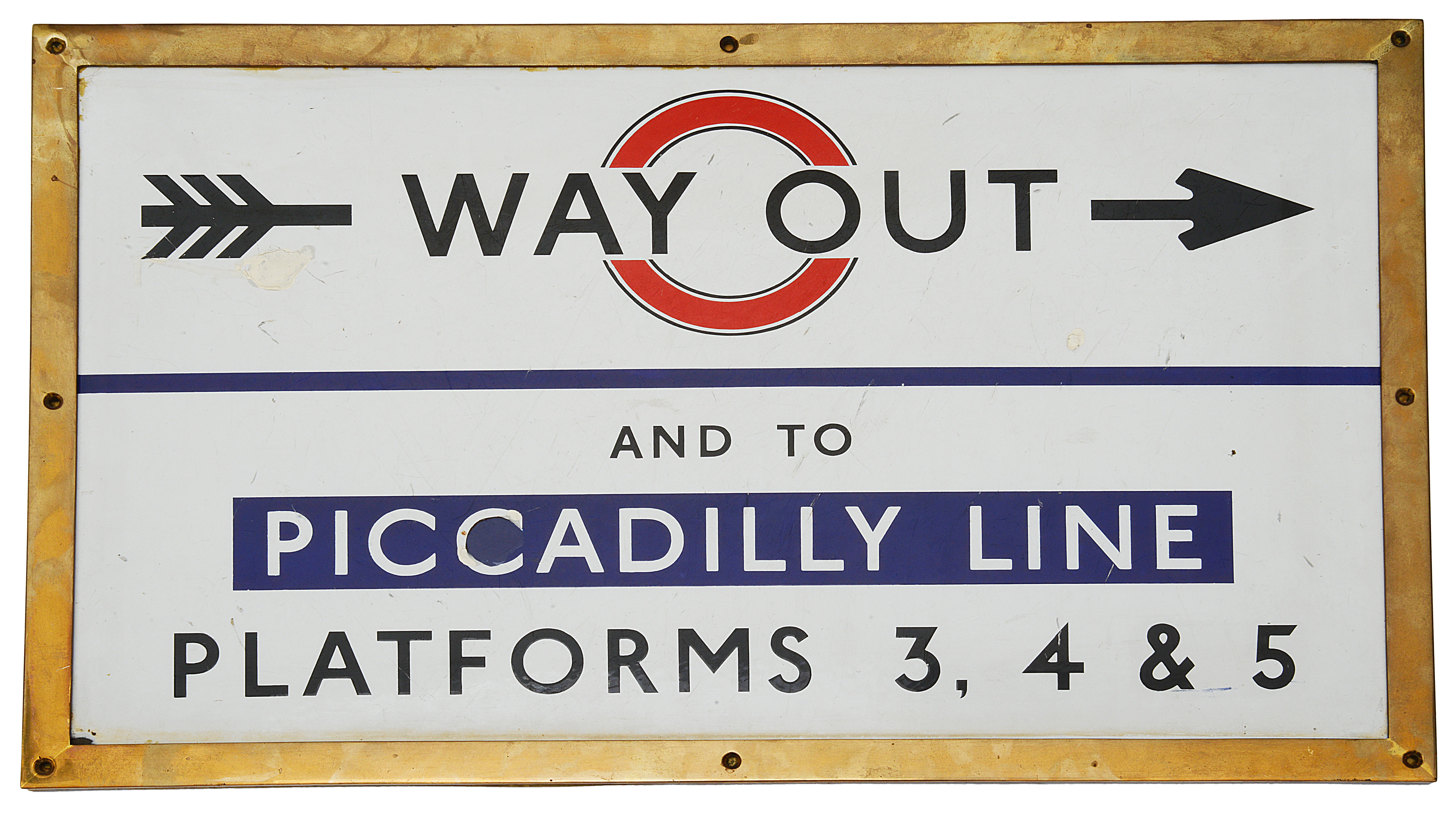 A c.1930s London Underground enamel direction sign showing 'WAY OUT / AND TO / PICCADILLY LINE /