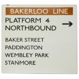 A London Underground enamel directional sign displaying 'BAKERLOO LINE / PLATFORM 4 / NORTHBOUND,