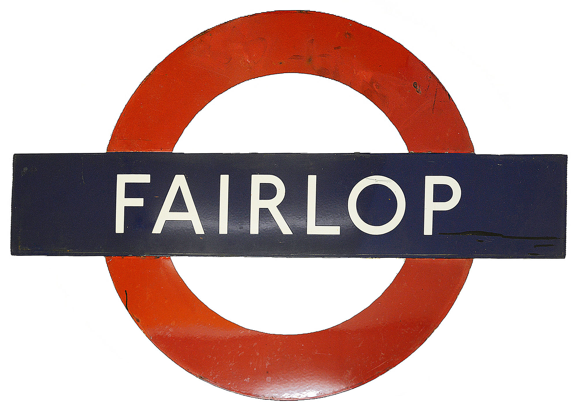 A London Underground enamel station roundel for Fairlop,in three parts consisting of nameplate of