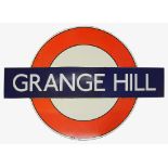 A London Underground enamel station roundel for Grange Hill,c.1930s-40s, in three parts consisting