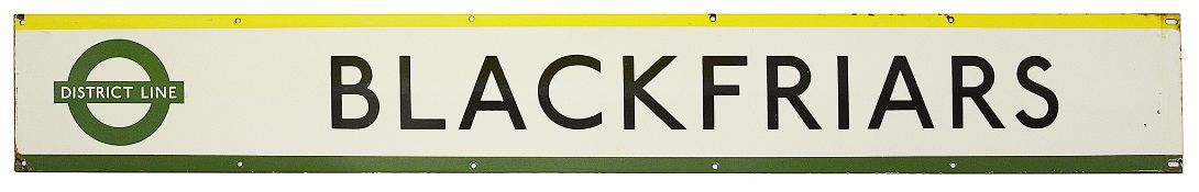 A London Underground enamel station frieze sign for Blackfriars,black lettering on white ground with