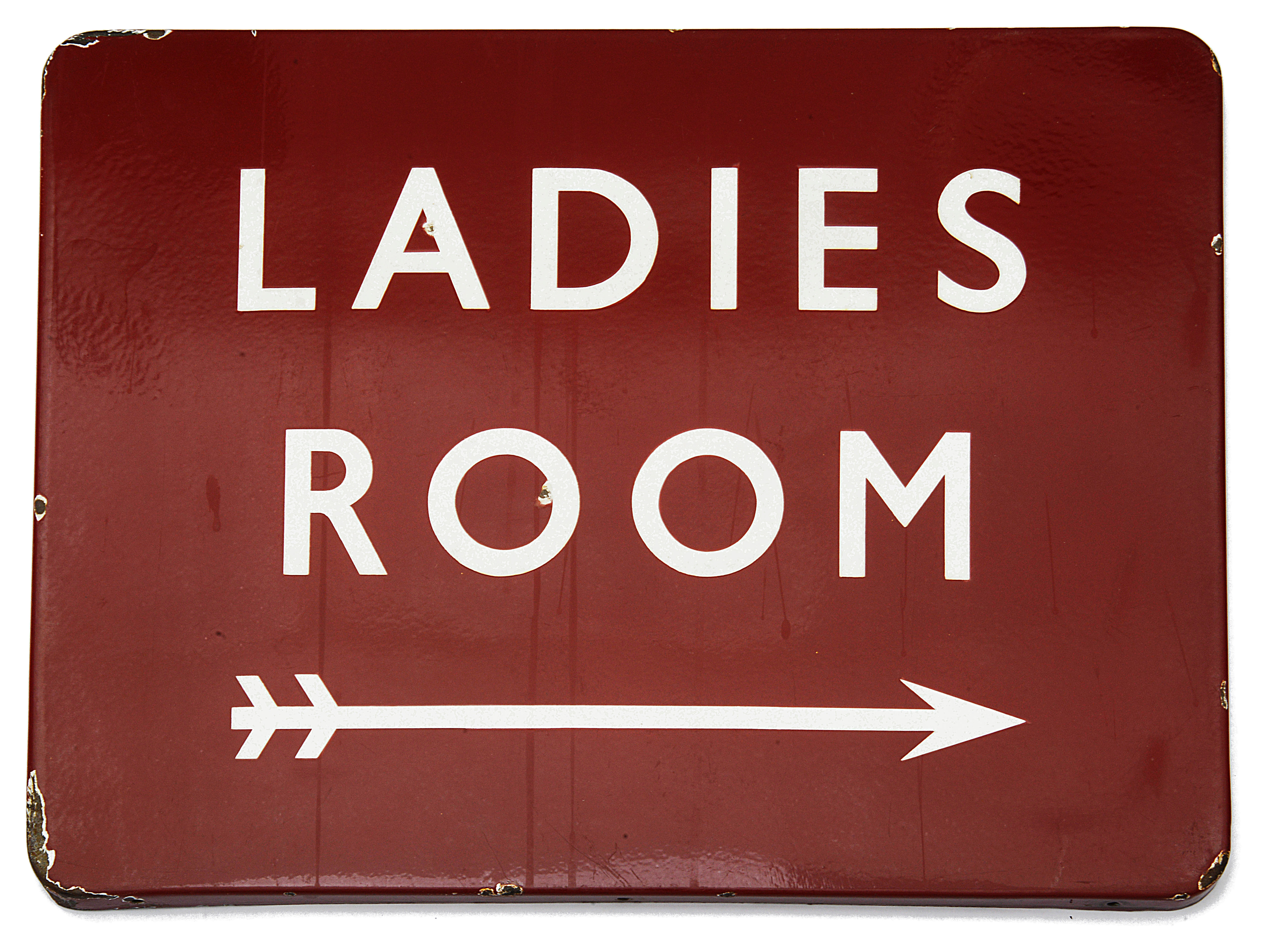 A BR(M) enamel direction sign displaying 'LADIES ROOM',white lettering on a red ground with a