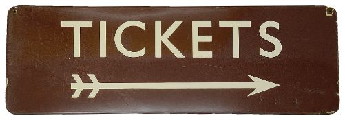 A BR(M) enamel directional sign displaying 'TICKETS',with white letters on a maroon ground, and a