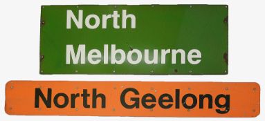 Two Australian enamel railway signs for North Melbourne and North Geelong